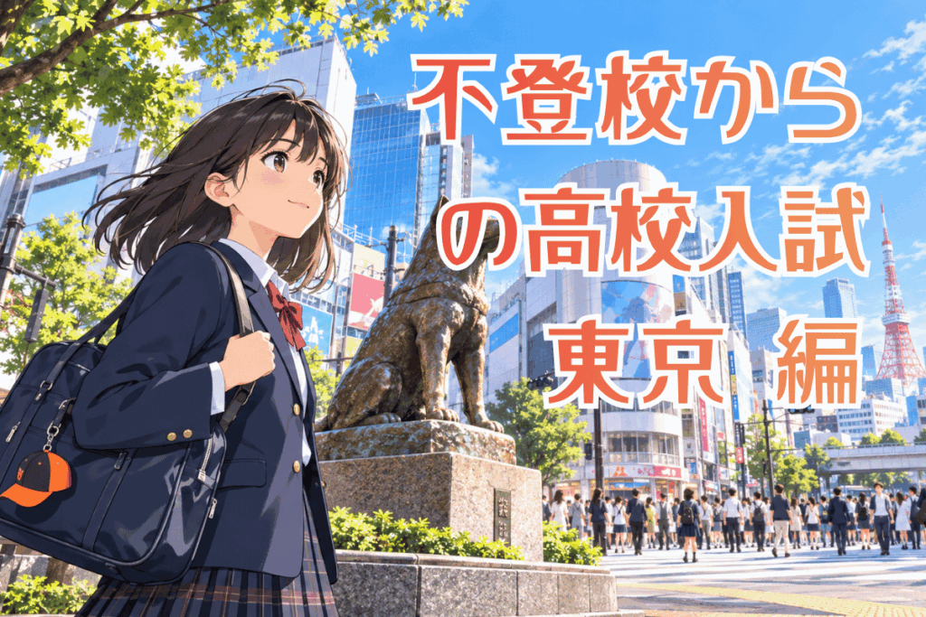 不登校からの高校入試 東京編のタイトル画像。渋谷の街を背景に制服姿の女子生徒が立っている